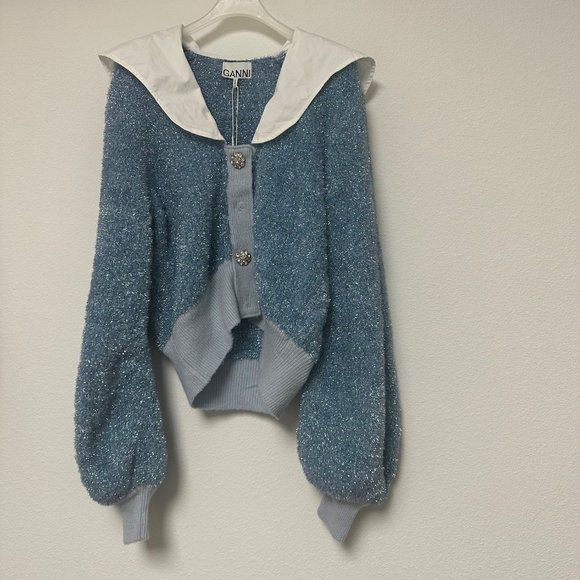 Ganni Sweaters - NWT GANNI Sparkle Knit Cardigan Crystal Button Poplin Collar (missing 2 buttons)